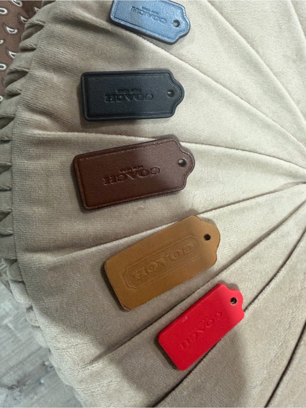 Coach Leather Key & Card Tags in Blue, Black, Brown, Tan, and Red